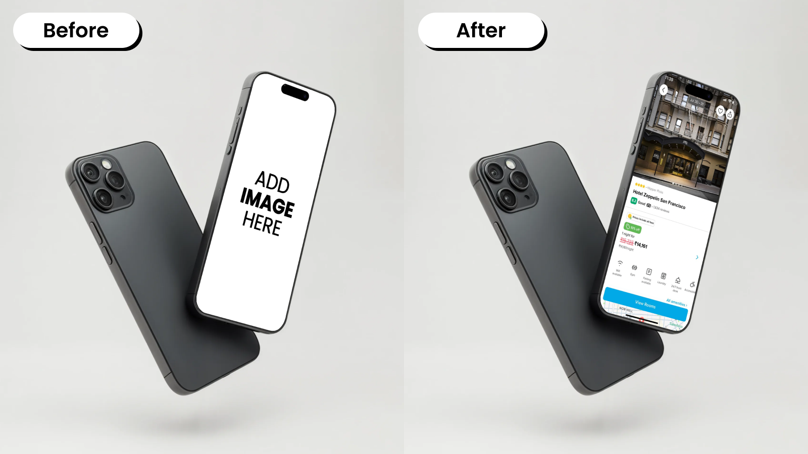Before and after floating iPhone mockup with front and back views